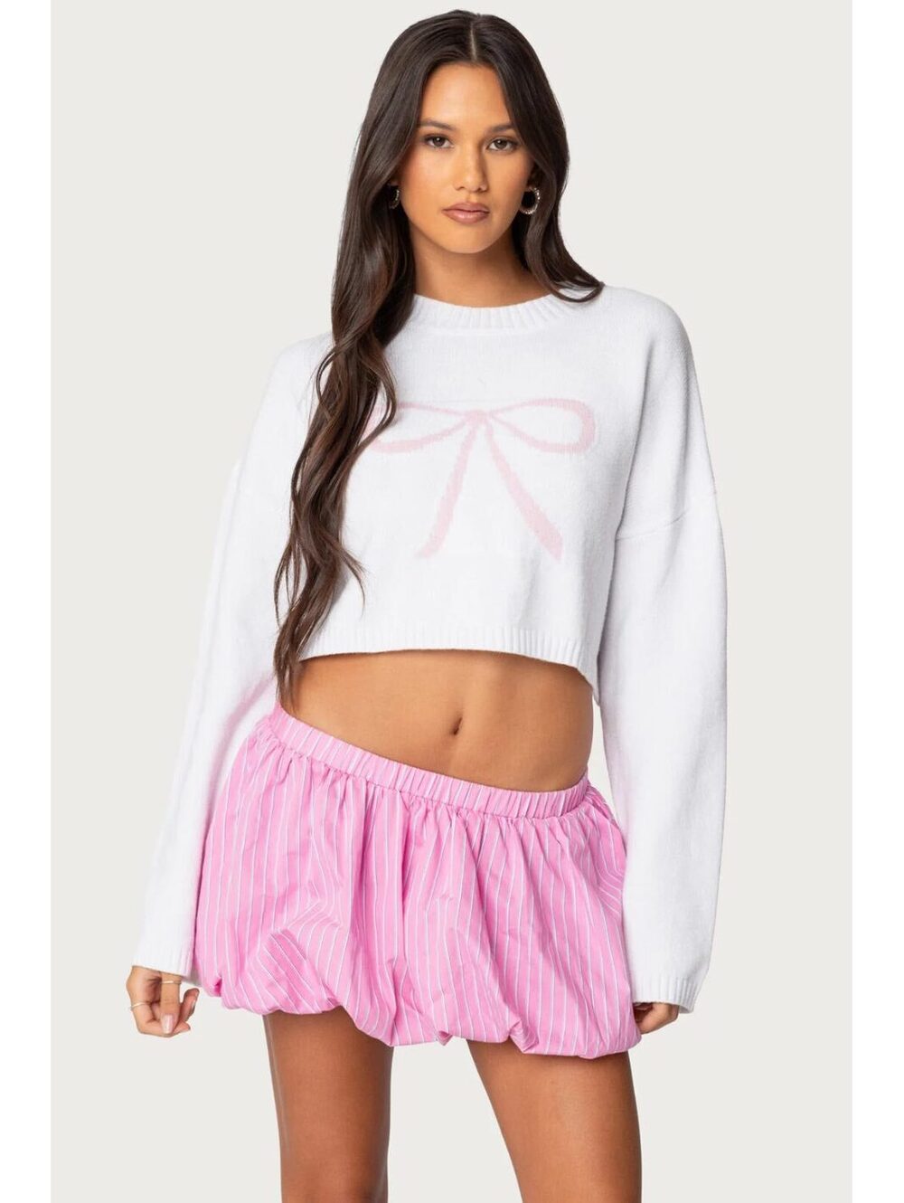 Edikted Knit Bow Soft Cozy Cropped Sweater Pullover White Pink Bow